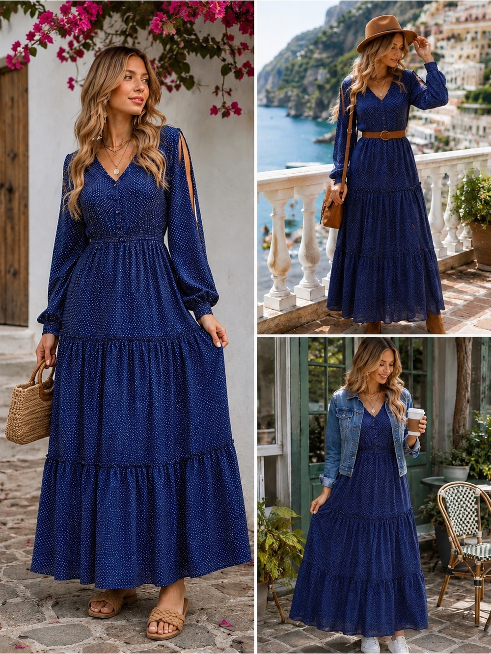 Mia Joy Women’s Small Navy Blue Polka Dot Tiered Maxi Dress Split Sleeve Boho